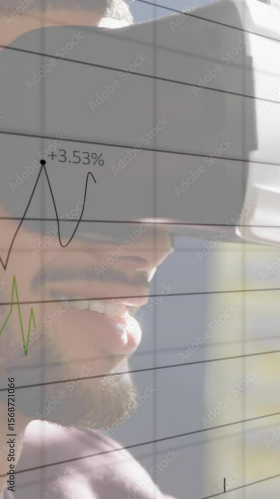 Poster animation of financial data processing over businessman using vr headset
