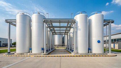 Large white industrial storage tanks under blue sky