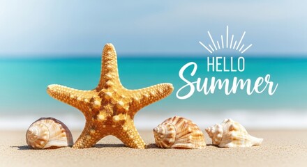 Starfish and Seashells on Beach with Hello Summer Text Overlay.