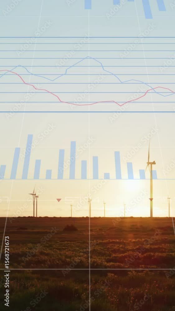 Poster animation of financial data processing over wind turbines