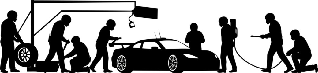 Pit stop silhouette race car maintenance team working fast service vector illustration graphic design