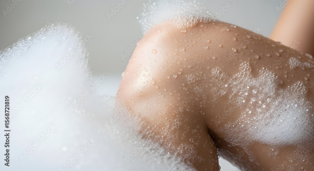 Poster close up shot of a person's leg partially covered in white fluffy soap bubbles. skin appears smooth 