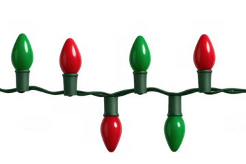 String of red and green christmas lights hanging on a transparent background, perfect for holiday projects