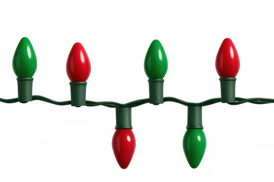 String of red and green christmas lights hanging on a transparent background, perfect for holiday projects