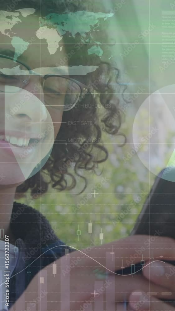 Aufkleber animation of graphs over happy man using smartphone