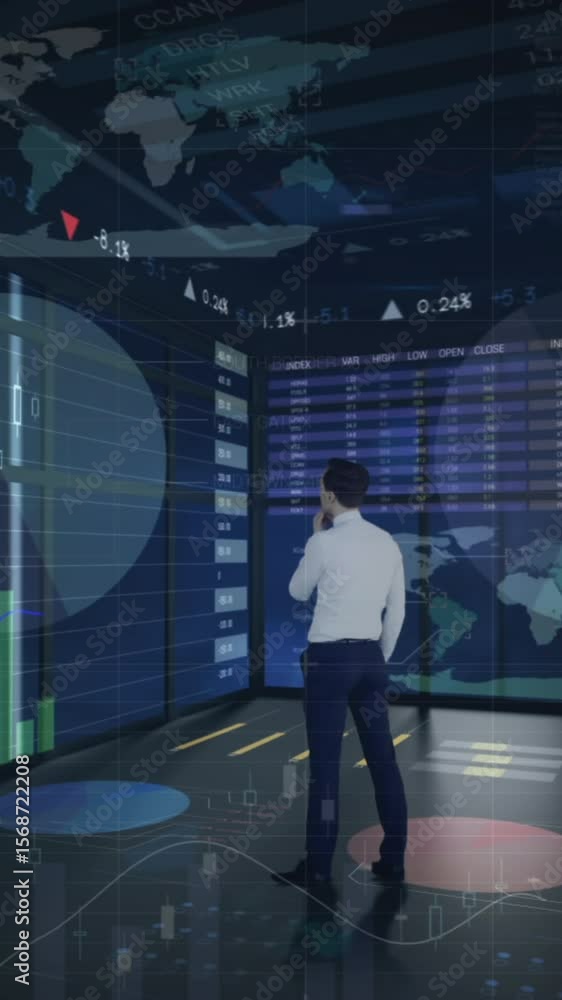 Poster animation of statistics and financial data processing over businessman in office