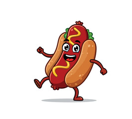 Cheerful sausage in a bun cartoon character waving, suitable for restaurant logos, food packaging, or children's content.