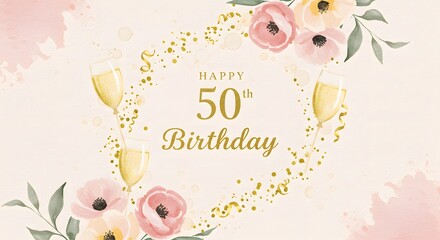 Celebrate a milestone Happy Fiftieth Birthday with style, featuring golden accents, champagne glasses, and delicate floral decorations, perfect for creating memorable invitations.