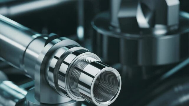 Hydraulic mechanism component with polished metal surface and threaded cylindrical parts designed for precise industrial machinery pipe connection