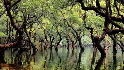 Lush, flooded forest reflecting in still water