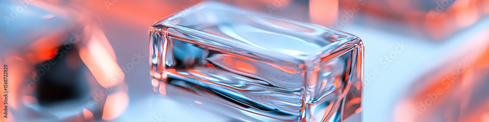 Poster close-up photograph of a transparent rectangular glass object with blurred background