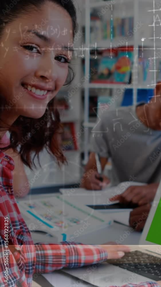 Poster animation of math formulas moving over pupil using laptop with copy space
