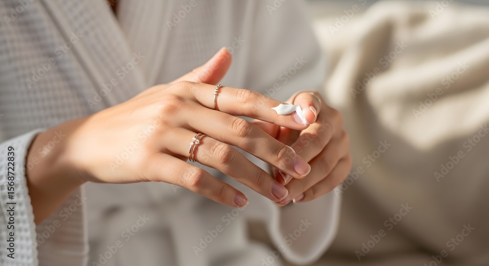 Poster close-up shot of a person's hands applying cream in a soft setting. the image shows attention to ski