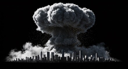 Nuclear explosion over city skyline casting ominous shadow and apocalyptic atmosphere