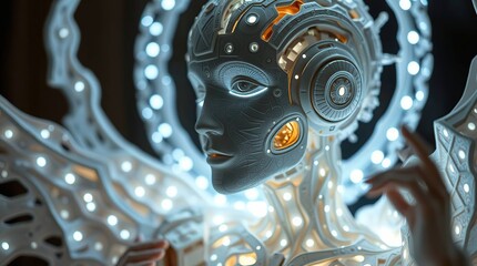 An ethereal sculpture representing automation and robotics, a mystical android figure with a spiritual glowing aura.