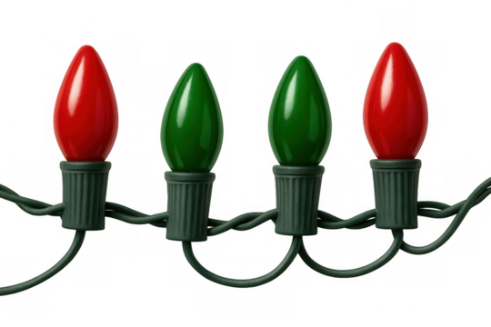 Christmas light bulbs glowing red and green, dangling from electrical wire against transparent backdrop