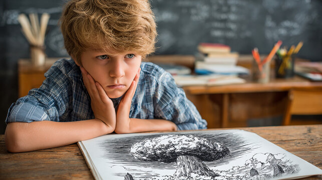 Contemplative boy studying pen-and-ink mushroom artwork