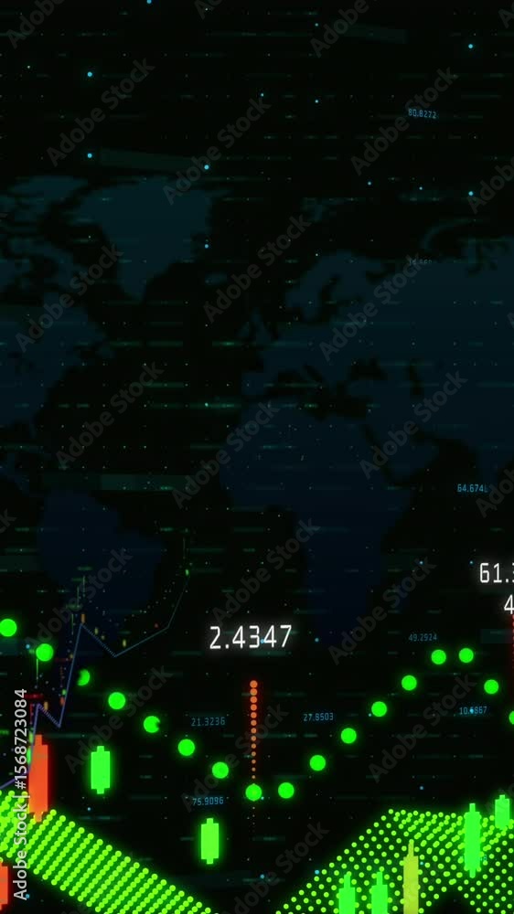 Poster digital animation of financial data processing against black background