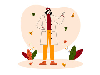 Woman in heavy clothes enjoying time amidst falling leaves in fall season. Fall season illustration. Autumn vector flat illustration.