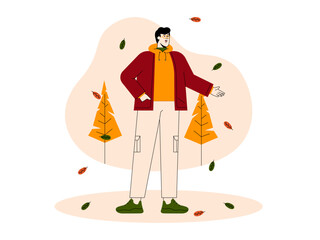 Boy in glasses in thick clothes enjoying falling leaves in fall season. Fall season illustration. Autumn vector flat illustration.