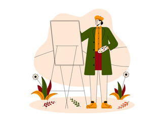 Young woman painting outdoors in fall season. Fall season illustration. Autumn vector flat illustration.