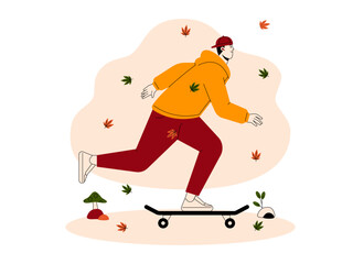 Skateboarding amidst falling leaves in fall season. Fall season illustration. Autumn vector flat illustration.
