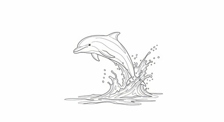 Fototapeta premium Dolphin leaping from water, outline drawing on white background