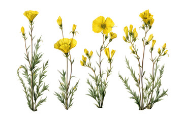  Set of Oenothera lindheimeri Trees - Cluster of Lindheimer’s evening primrose with delicate green foliage on transparent background