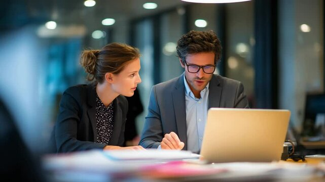two business people who are having a conversation in front of their laptops