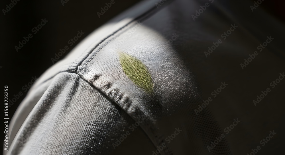 Poster close-up of a light-colored fabric with a green stain illuminated by direct sunlight. the texture of