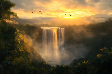 A waterfall in a rainforest at sunset mist catching the golden light as tropical birds return to their nests