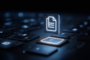 Visual representation of digital document creation on a keyboard at nighttime in a tech environment