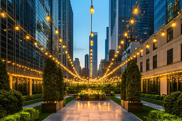 An urban rooftop garden at sunset with string lights illuminating lush greenery against a backdrop of skyscrapers 
