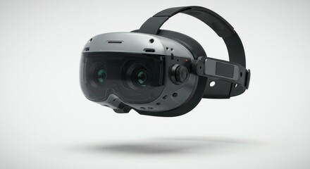 Fototapeta premium Gray VR headset with black straps, angled view