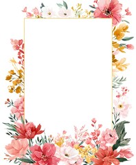 Obraz premium A cute watercolor floral frame, with flowers and leaves surrounding the edges of an empty white rectangle in the middle, 