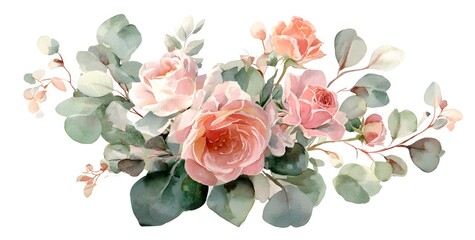Watercolor floral bouquet, with pastel pink roses and soft green leaves,