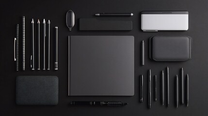 Sophisticated monochromatic flat lay composition featuring stationery and personal accessories in shades of black and gray