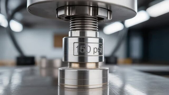 Hydraulic mechanism pressure gauge with metal stainless steel parts measuring 150 psi in industrial setting close up focus on machinery and equipment