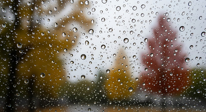 Autumn Rain Water Droplets on Glass, Blurred Fall Foliage Background