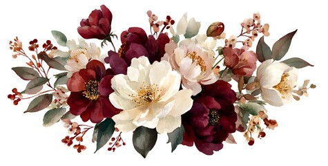 Watercolor floral bouquet, peonies and roses in burgundy, red, and purple colors, on a white background,