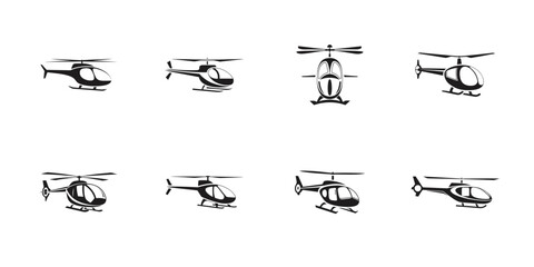 Stylized black silhouette helicopters set in vector format ideal for army aviation, airlift, rescue ops, transportation, and military aircraft themes

