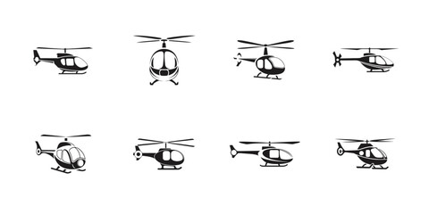 Detailed vector art of helicopter silhouettes including military, air rescue, and transportation aircraft for professional design or aviation decor

