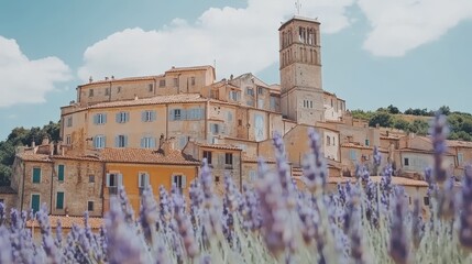 Obraz premium Sunlit Lavender in Front of a Weathered Hilltop Town With Stone Architecture
