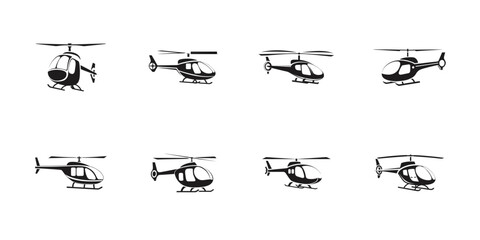 Variety of black silhouette helicopters vector art including rescue, army, and civil aviation models for design, decoration, or branding elements

