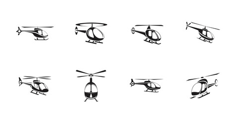 Helicopter silhouette vector icon bundle including different styles like military, rescue, and civilian for aviation logo, web, and poster design uses

