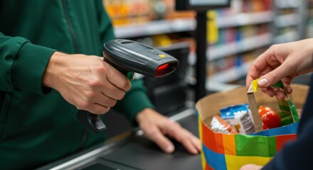 Supermarket cashier scanning groceries