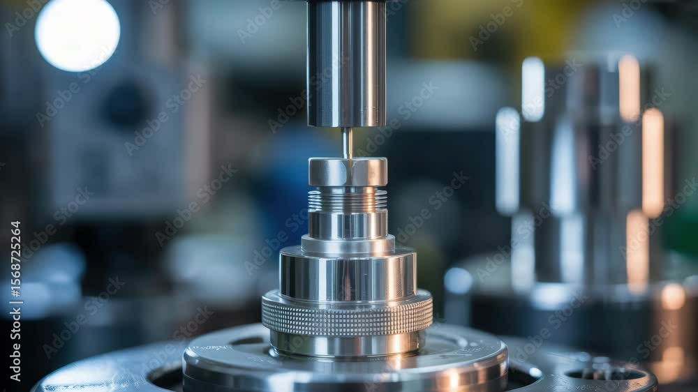 Poster precision hydraulic mechanism metal part machining on lathe tool in industrial workshop with focused