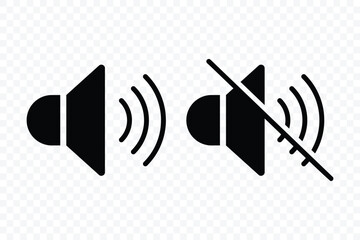 Speaker icon. Mute and unmute volume sound icon. Volume icon. Audio control, sound adjustment symbols, loudspeaker and silence symbol icons. Vector illustration.
