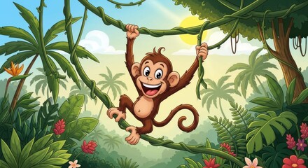 Naklejka premium Cartoon monkey hanging from vines in jungle, happy expression.