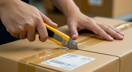 Close-up of hands using a utility knife to open a cardboard box